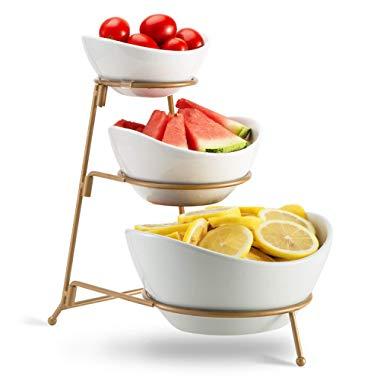 3 Tier Oval Bowl Set with Metal Rack,HabiLife Three Ceramic Fruit Bowl Serving - Tiered Serving Stand - Dessert Appetizer Cake Candy Chip Dip (Gold)