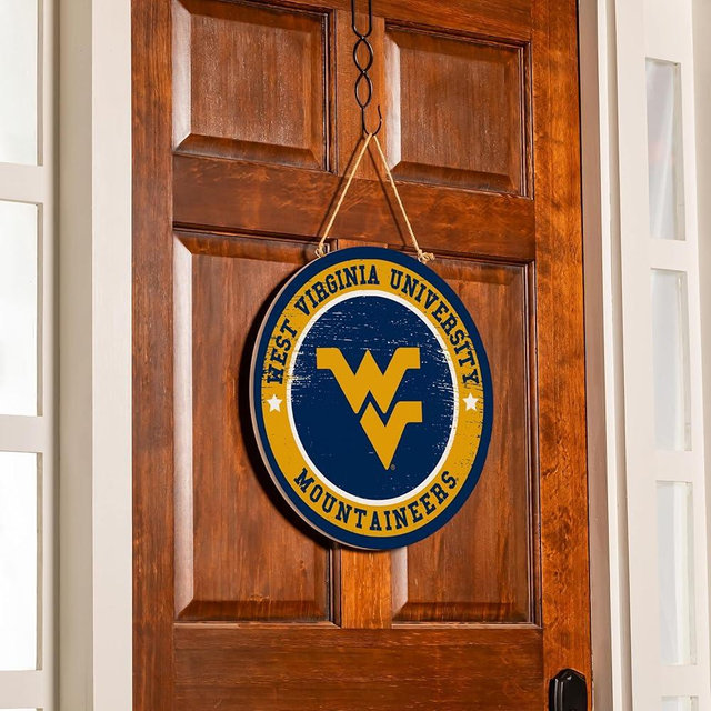 NCAA West Virginia University Door Decor, 18" Round Wood College Welcome Sign for Front Door, Indoor Outdoor Sports Wall Hanging for Porch, Dorm, Man Cave