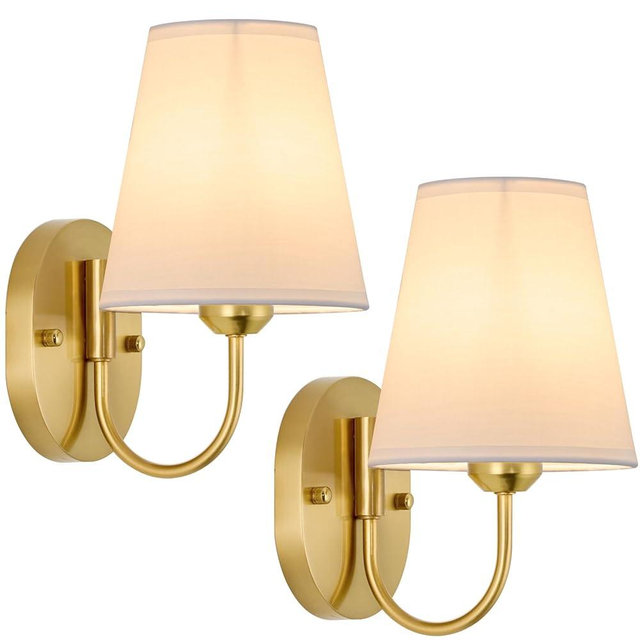 LEECOORA Hardwired Wall Sconces Set of 2 Gold Metal Wall Sconces with White Fabric Shades – Small Modern Wall Lights for Bedroom, Hallway, Bathroom,Staircase