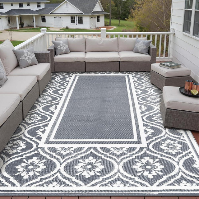 HUGEAR Outdoor Rug 8x10 Patio Waterproof Mat Camping Carpet Outside Area Rug Reversible Grey Rugs for RV Deck Entryance Porch Picnic Balcony Beach