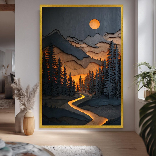 Sparkling River and Full Moon Layered Mountain Landscape Canvas Wall Print, Rustic Forest Scene for Country House Decor or Themed Interiors