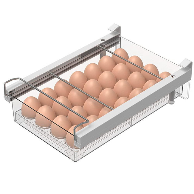 vacane Clear Fridge Drawer with Removable Egg Tray, 28 Grid Egg Organizer Pull Out Fridge Storage Bins with Handle Refrigerator Container Under Shelf for Fruit, Vegetable, Meat, Drink-Plastic