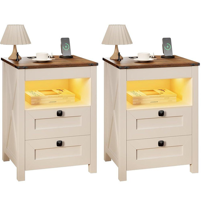 HWB LED Nightstand Set of 2 with Gun Drawer: Bedside Table with Charging Station for Bedroom Furniture – Farmhouse Night Stand with 3 Colors Smart Human Sensor Lights for Living Room End Table, White