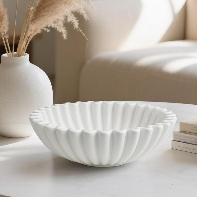 Large Decorative Bowl, White Ceramic Fruit Bowl for Kitchen Counter, Key Bowls for Entryway Table, Modern Coffee Table Home Decor, Scalloped Handmade Artwork (White 10 inches, 10 inches)