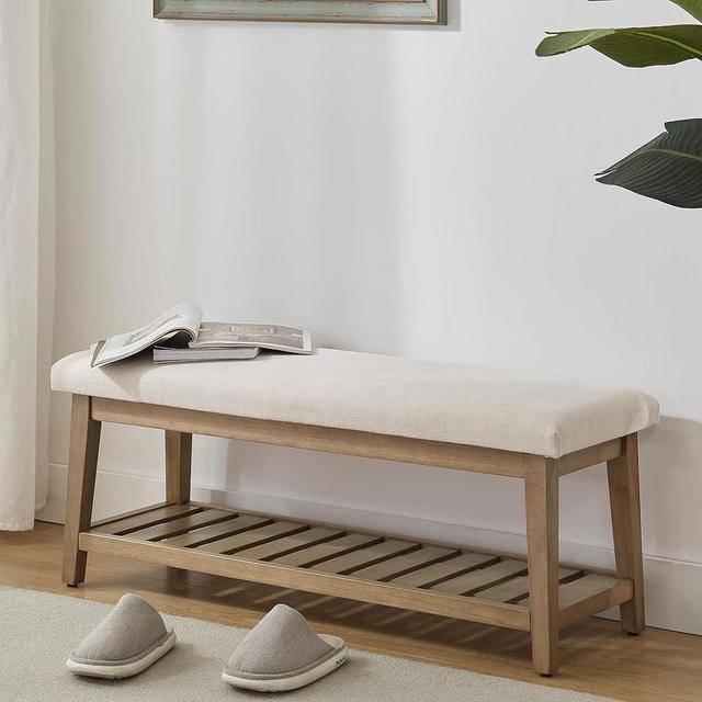 Zihanhome Entryway Bench, End of Bed Bench, Chenille Upholstered Shoe Bench for Bedroom, Ottoman Bench with Solid Wood Shelf, Storage Bench for Hallway, Living Room(Beige)