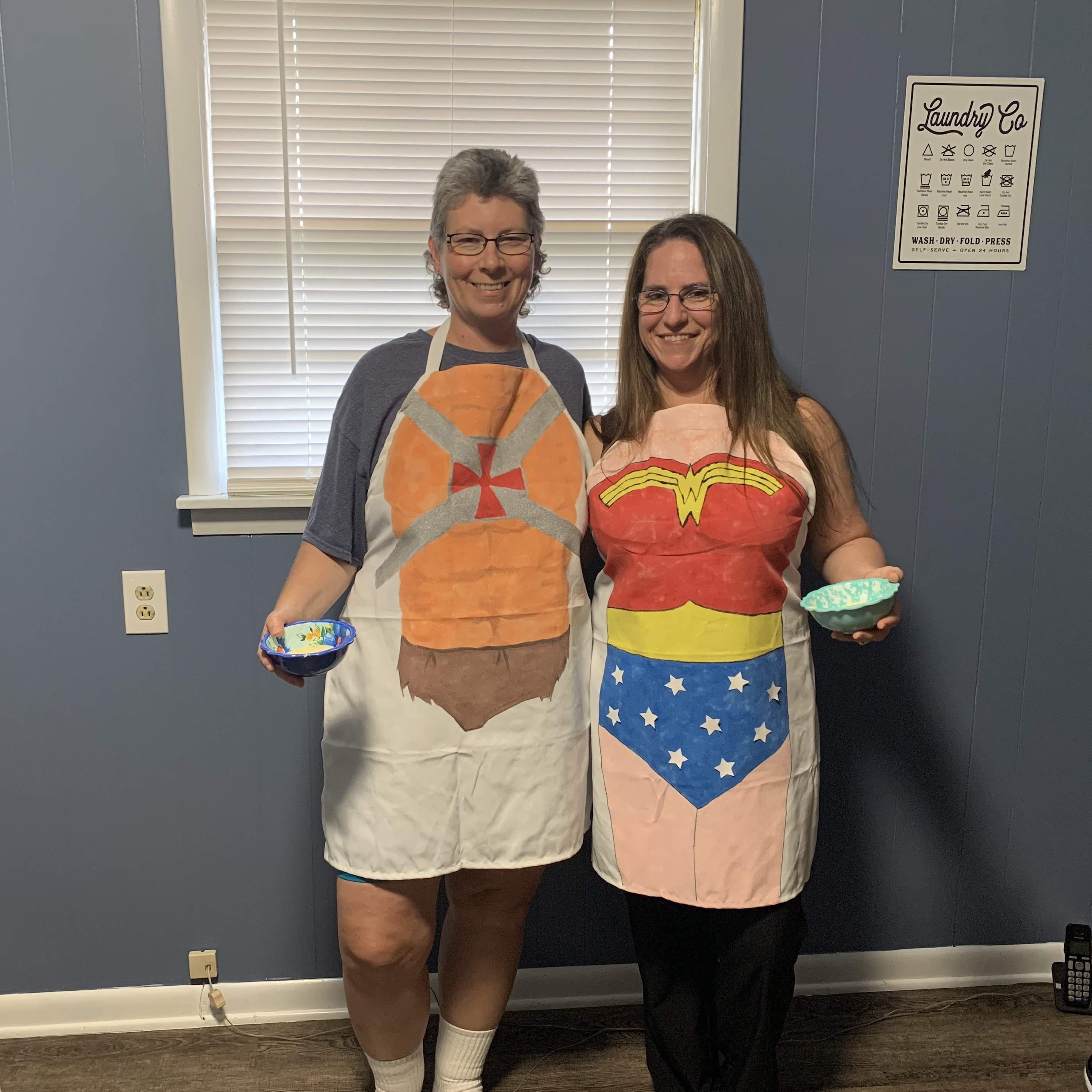 Our superhero aprons we painted...another challenge from our adventure book.