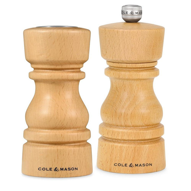 Cole & Mason London Wooden Shaker Gift Set - Refillable Salt & Pepper Grinder with Adjustable Grinding Mechanism - Natural Beech, 5" Salt & Pepper Gift Set