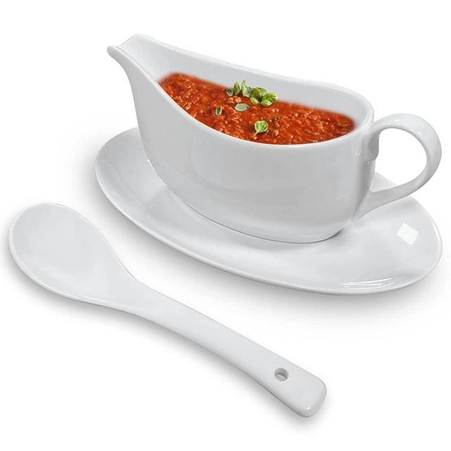 Gravy Boat with Ladle and Saucer, 14 oz White Porcelain Gravy Sauce Boat with Ceramic Serving Dish for Turkey, Milk, Warming Sauces, Salad Dressings, Creamer, Broth, Black Pepper