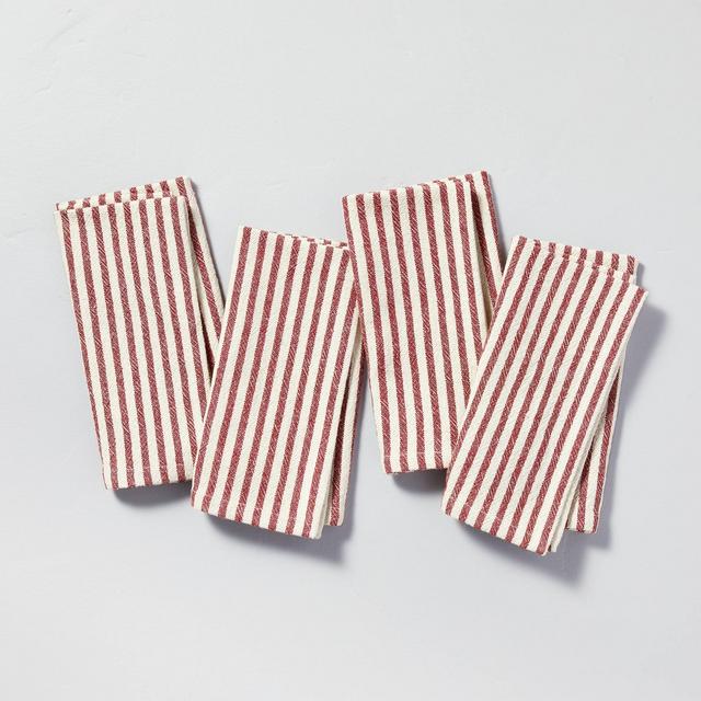 4pk Ticking Stripe Woven Napkin Set Dark Red/Cream - Hearth & Hand™ with Magnolia