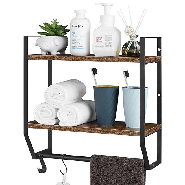 Towel Rack with Shelf 2 Tier Wall Mounted Industrial Bathroom Towel Holder Shelf Rustic Wood Storage Rack Over Toilet with Towel Bar 5 Hooks for Living Room Kitchen (Brown)
