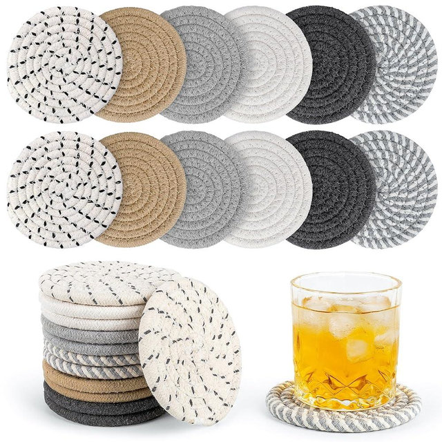 BUEDM 12 Pcs Boho Drink Coasters,Minimalist Cotton Handmade Woven Absorbent Drink Coasters,Heat Resistant Cotton Coasters for Coffee Table, Kitchen, Home Decoration