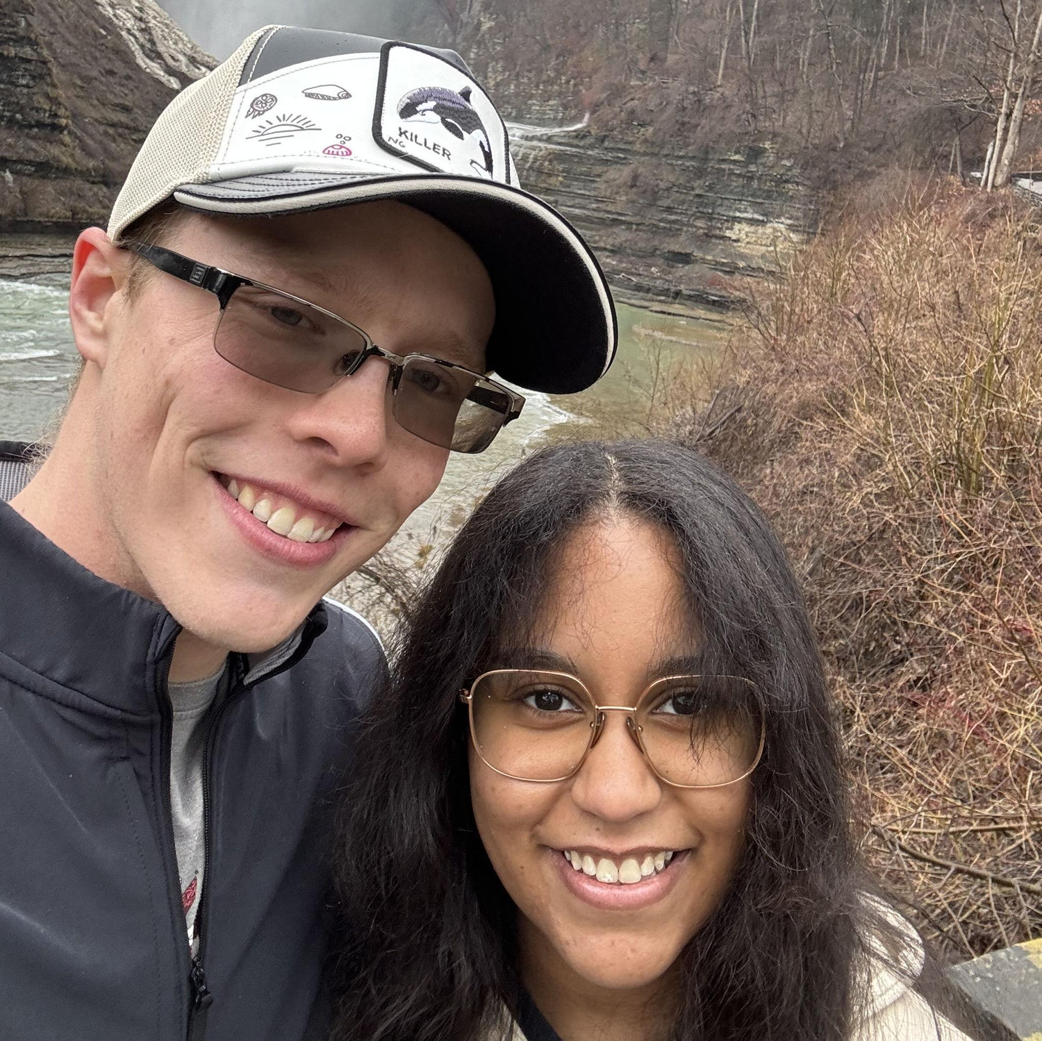 Love in front of the waterfall at Letchworth State Park! I designed that hat for him!
