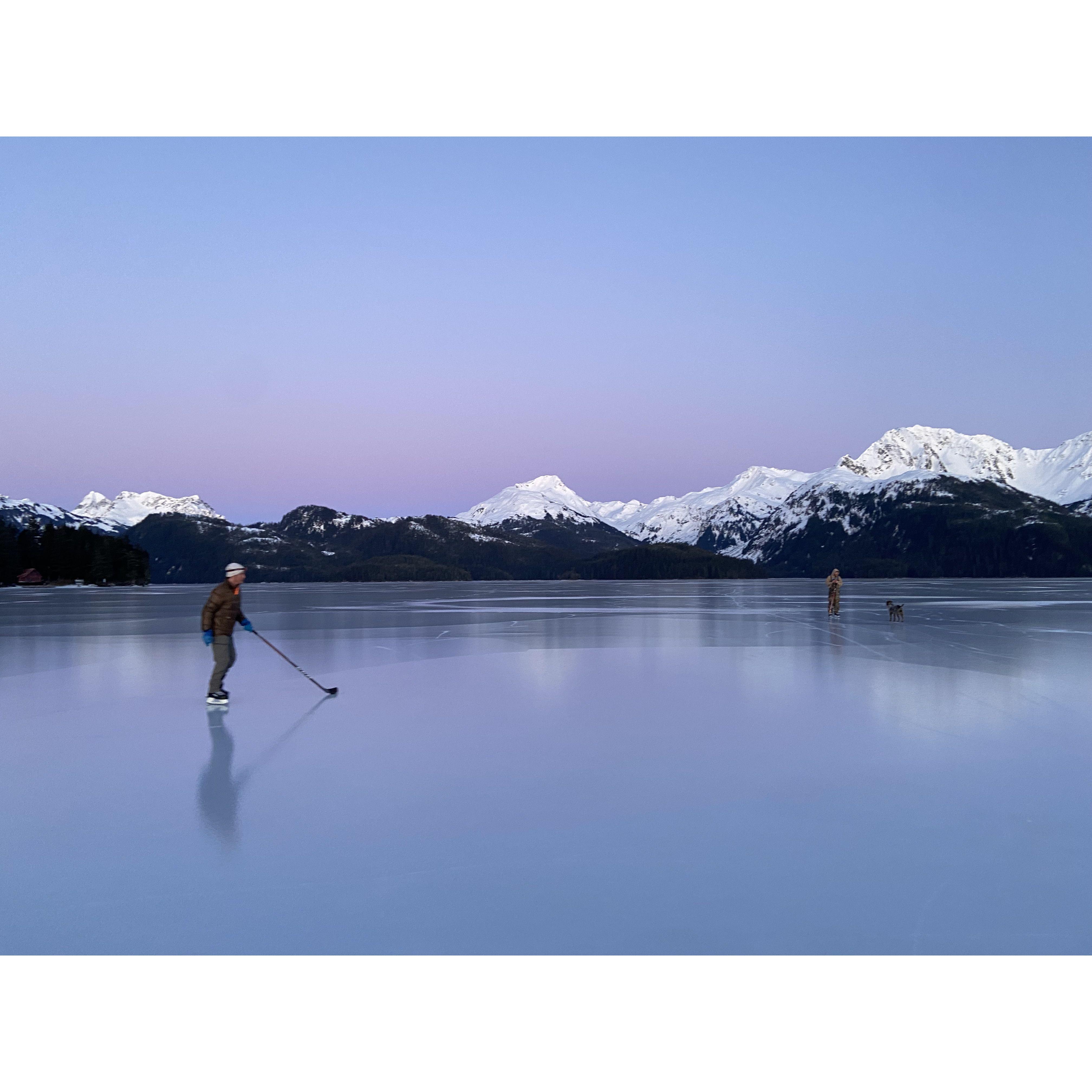 Ice skating on Eyak lake in the alpenglow