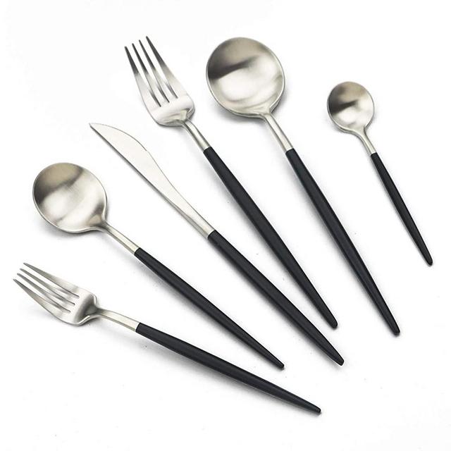 JASHII 18/10 Black Handle Flatware Silver Silverware Set 304 Stainless Steel Flatware Cutlery Set| 24-Piece Adaline Royal Modern Satin Finish| BEST Birthday Wedding Gift (Black Handle Silver 4 Sets)