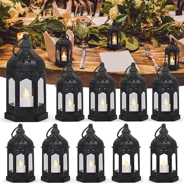 SHYMERY Mini Lantern with Flickering LED Candles,Vintage Black Decorative Hanging Candle Lanterns for Halloween,Wedding Decorations,Christmas,Table Centerpiece,Battery Included（Set of 6）
