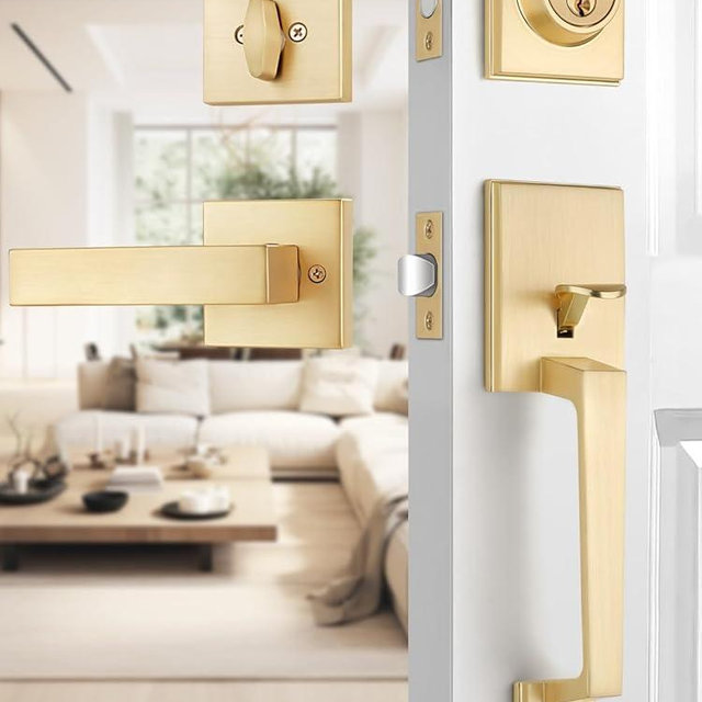Entry Door Locksets with Deadbolt, Gold Front Entry Door Handle, Exterior Door Handle with Single Deadbolt, Satin Brass Finish, Reversible Door Lever, Square Door Handles for Left/Right Sided Doors