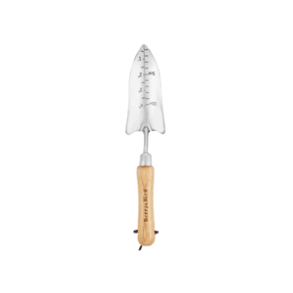 Berry&Bird Potting Trowel, Stainless Steel Serrated Hand Shovel, Wood Handle Garden Trowel Tool with Measuring Scale for Effortless Digging,Roots，Planting, Cutting and Transplanting