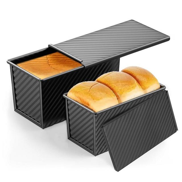 2 Pack Pullman Loaf Pan with Lid, 13x4 & 9x4 inch (2.2 lb & 1 lb Dough Capacity), Non-Stick Sandwich Bread Loaf Pan for Homemade Baking Bread, Black