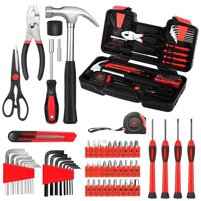 58-Piece Tool Kit Basic Home Repair Tool Set, General Household Hand Tool Kit,Small Tool Kit with Plastic Toolbox Mini Tool kit for Women, Office & College Repairs Red