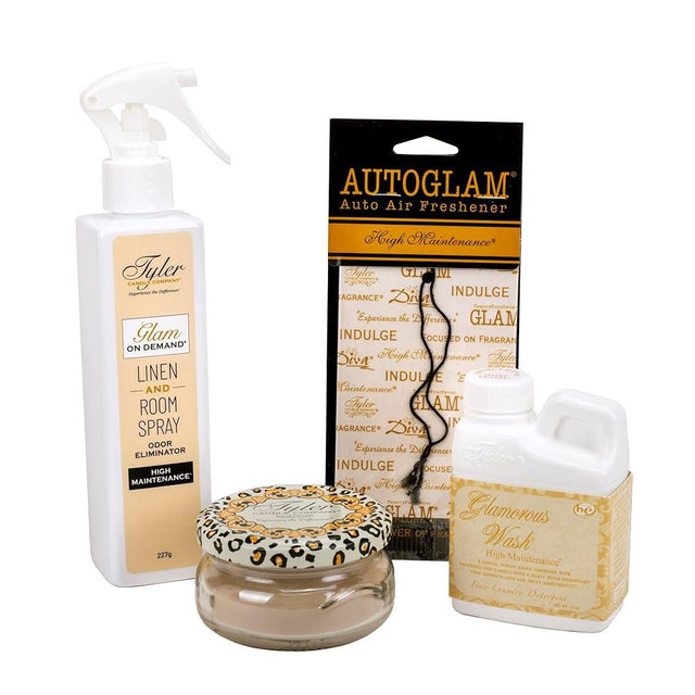 Tyler Candle Company High Maintenance - 4 Ounce Laundry Detergent - 8 Ounce Room Spray - 3 Ounce Jar Candle - Autoglam Air Freshener Gift Suite; Set of 4