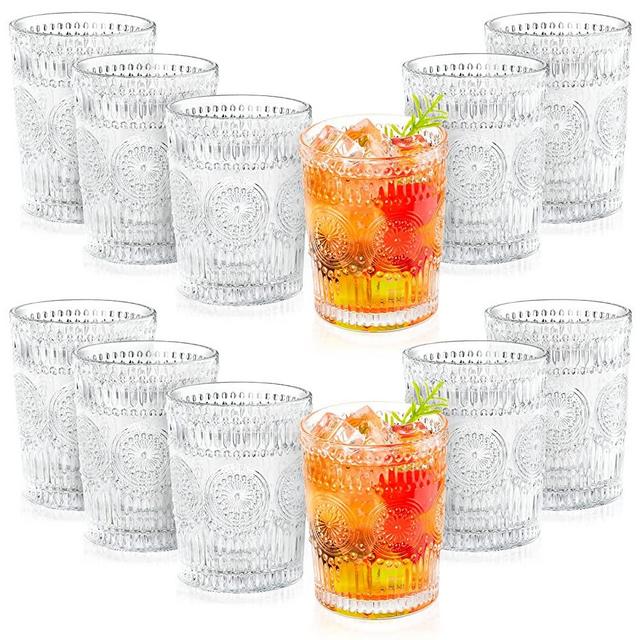 Eccliy 12 Pack 10 oz Romantic Water Glasses Vintage Glassware Drinking Glasses Tumblers Set for Juice, Beverages, Beer, Cocktail, Whiskey (Clear)