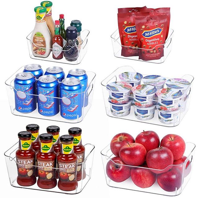 Set Of 6 Refrigerator Organizer Bins - Fridge Organizer Clear Storage Bins Plastic Refrigerator Storage Bins with Handle for Kitchen Pantry, Cabinet, BPA-Free Freezer Organizer Bins（4 Large & 2 Small）