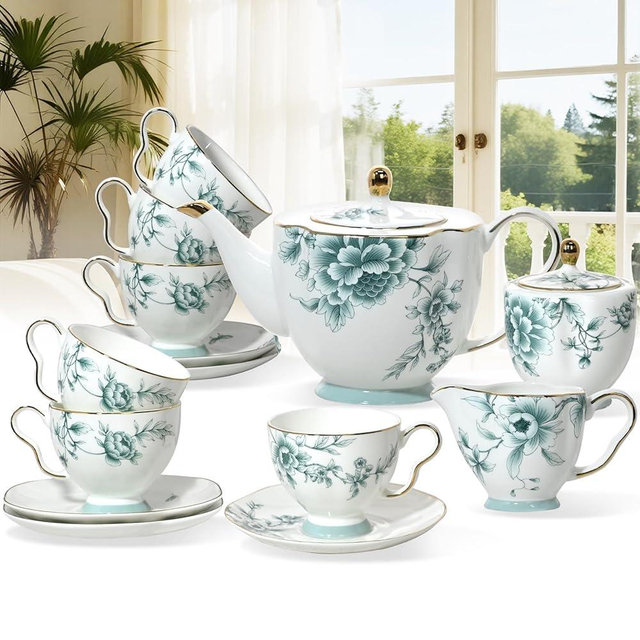 ACMLIFE Bone China Tea Sets for Adults, Blue and White Tea Gift Set, 21 Piece Porcelain, Cup and Saucer Set for 6 Vintage Floral Party for Women or Christmas Gifts Giving (Blue-Leaf-21)