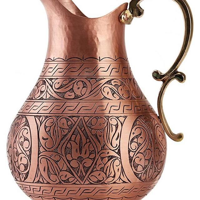 DEMMEX The Pitcher, 1mm Solid Copper Handmade Engraved Copper Pitcher Vessel Ayurveda Jug for Drinking Water, Moscow Mule, Cocktail (Matte-Engraved)