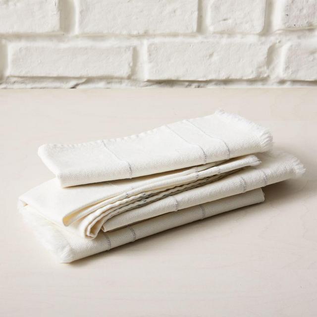 Minimalist Stripe Frayed Edge Table Napkins, Stone White + Stripe, Set of 4
