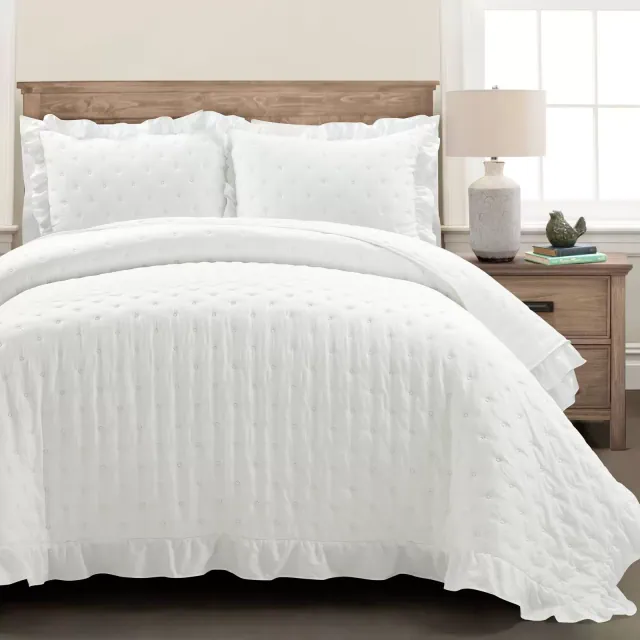 Lush Décor 3pc Full/Queen Reyna Ruffle Reversible Oversized Quilt Set White: Microfiber, 320 Thread Count, 2 Shams