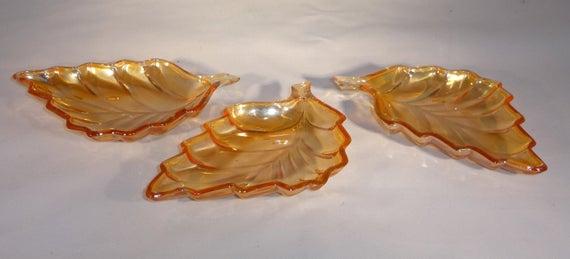 Set of 3 Vintage Marigold Glass Leaf Dishes, Glass Dishes, Leaf Shaped Dishes, Fall Dishes