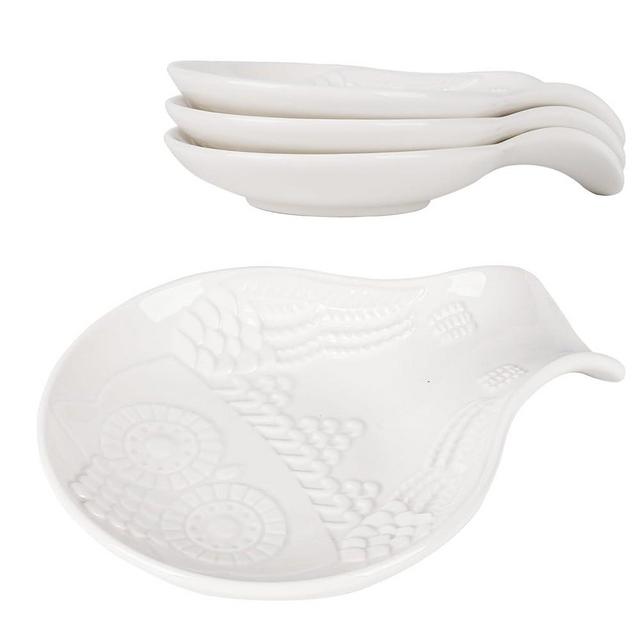 Katathani Ceramic Spoon Rest for Stove Top - Large Vintage Embossed Owl Shape Spoon Holder for Kitchen Counter，White Exquisite Coffee Spoon Rest, 4 Pack