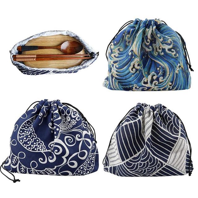 3PCS Lunch Tote Bag Japanese Style Drawstring Bento Pouch Portable Bento Storage Bag for Work Picnic or Travel, Blue