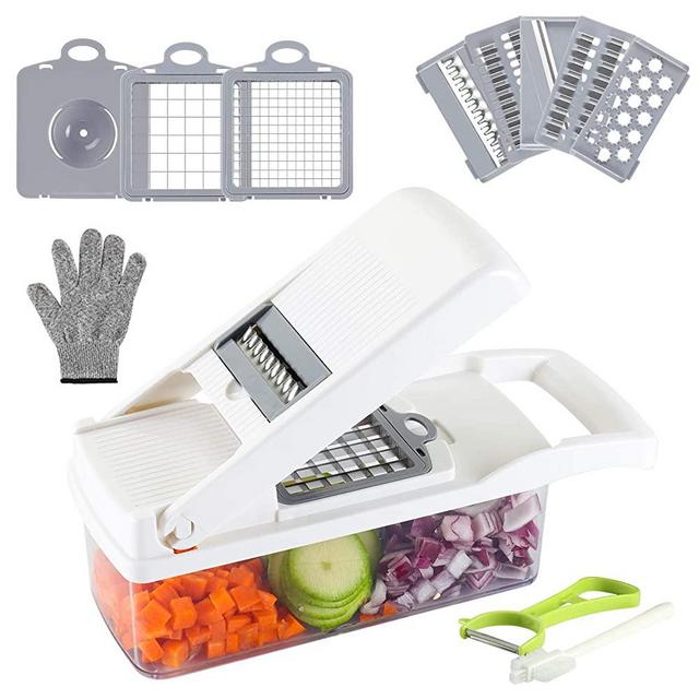 Valuetools Onion Chopper Vegetable Chopper Mandoline Slicer Dicer Multi-Functional Interchangeable Blades with Colander Basket And Container Food Chopper Onion Cutter with Protective Gloves