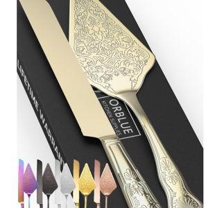 Orblue Wedding Cake Knife and Server Set - Premium, Beautifully Engraved Cutting Set - Elegant Keepsake for Newlyweds - Light Gold