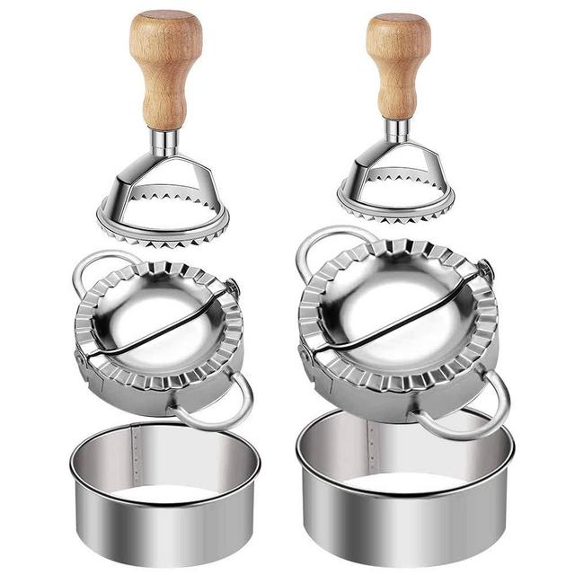Ravioli Stamp Maker Cutter Round Shapes 2inch/2.56inch Mold with Wooden Handle +Dumplings Maker Dumpling Press Molds + Dumpling Skin Maker in 3.74inch/ 3.34inch Dumpling Wrapper Cutter Pie
