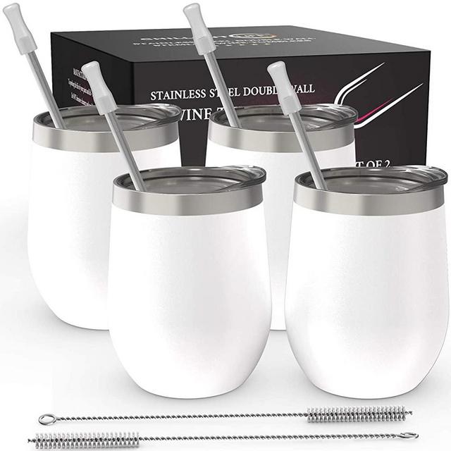 CHILLOUT LIFE Stainless Steel Wine Tumblers 4 Pack 12 oz - Double Wall Vacuum Insulated Wine Cups with Lids and Straws Set Coffee, Wine, Cocktails - Powder Coated White