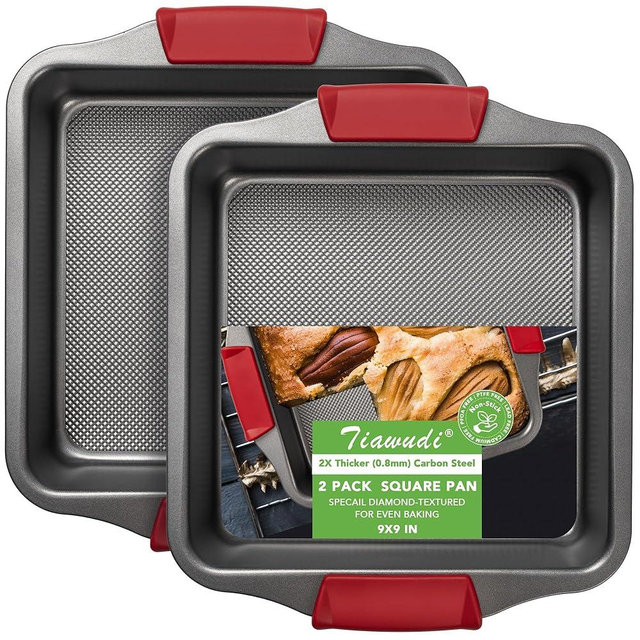Tiawudi 9" Square Cake Pan Set of 2, 0.8mm Thick Heavy Duty Bakeware with Diamond Texture for Even Heating, Nonstick Baking Pan for Bread, Brownies & Lemon Bars, Cake Mold with Silicone Grip Handles