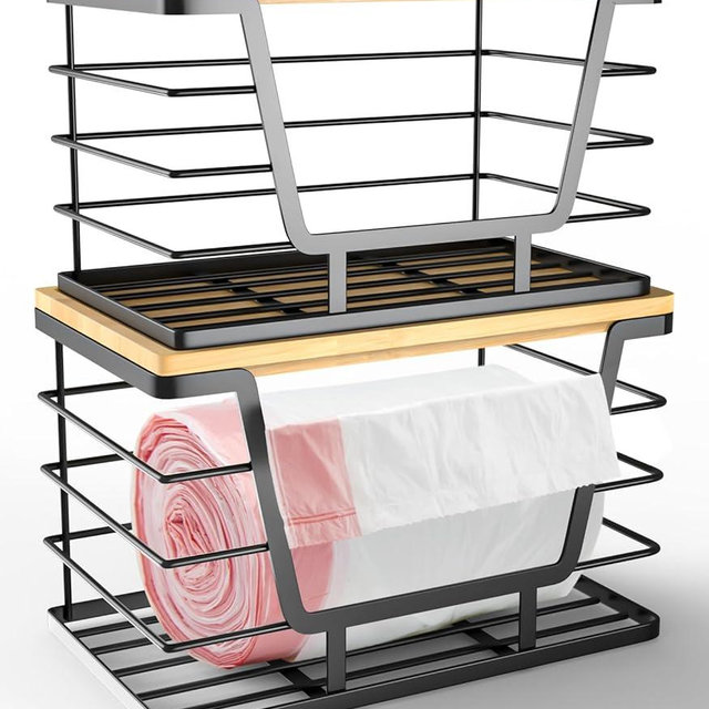 Sinnsally Trash Bag Storage Organizer,Trash Bag Holder and Under Sink Garbage Dispenser,Stackable Wall Mount Kitchen Pantry Organizers with Bamboo Top for Laundry Organization(Large Set-2 Pack)