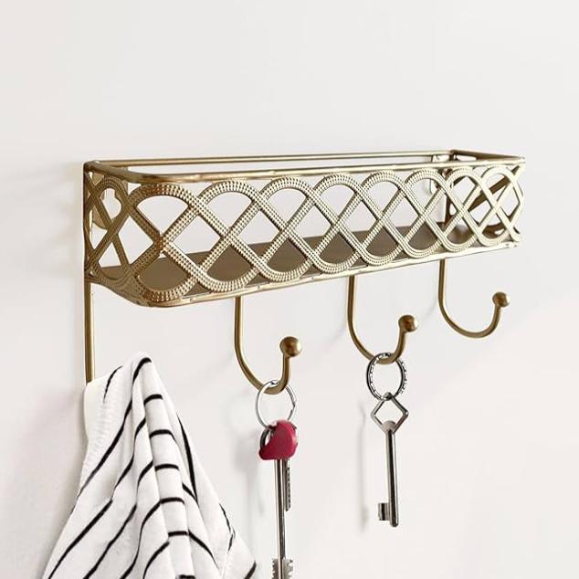 Celtic Knot Key Holder Wall Shelf - Entryway Wall Mounted Organizer with 4 Hooks, Metal Storage for Keys, Wallets, Bags, Hats (Golden)
