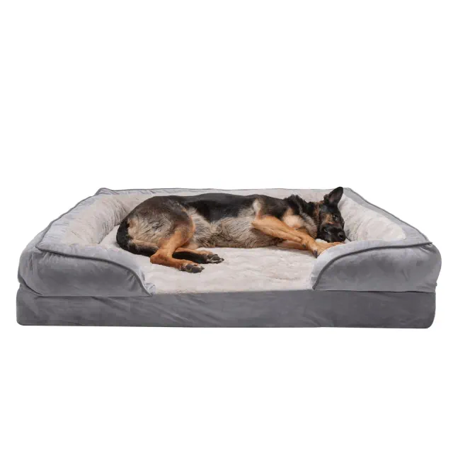 FurHaven Velvet Waves Perfect Comfort Memory Foam Sofa Dog Bed - Jumbo Plus, Granite Gray
