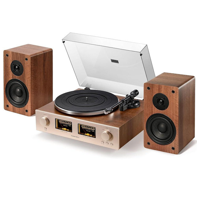 QLEARSOUL HiFire X Vinyl Record Player, Audiophile HiFi Turntables System with 100W Bookshelf Speakers,VU Meter, DSP Preamp, Support 33/45 RPM, RCA LINE in | Out
