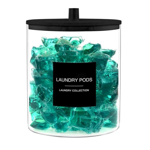 TIPGO Laundry Pods Container with 27 Labels, Glass Jars for Laundry Room Organization, Detergent Holder with Bamboo Lid, Cute Storage Jars, Black (Set of 1)