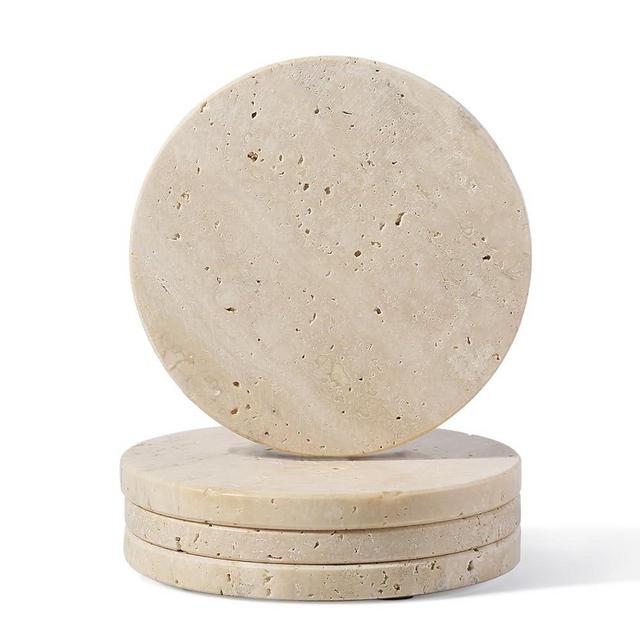 Koville Travertine Coasters, Marble Coaster Set of 4 for Drinks, 4" Round Stone Coasters Set Heat Resistant, Decorative Modern Cup Coaster for Coffee Table Home Bar Decor, Unique Gift Choice(Beige)