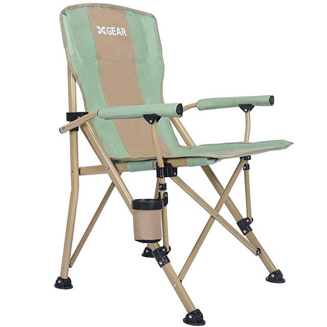 XGEAR Camping Chair with Padded Hard Armrest, Sturdy Folding Camp Chair with Cup Holder, Lawn Chair Back W Mesh Storage Bag, Support to 400 lbs (Green with Khaki)