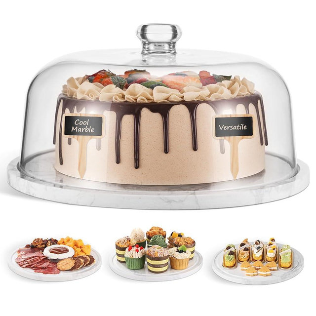 Marble Cake Stand，Clear Cake Stand with Dome，White Marble Dessert Holder with Acrylic Lid Cover，Stone Round Cheese Pie Serving Display Plate Holder Platter with Cover