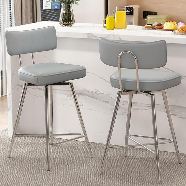 Swivel Counter Height Bar Stools Set of 2, 26 inch Gray Leather Kitchen Swivel Counter Stools with Backs, Metal Legs and Footrest, Bar Chairs for Kitchen Island