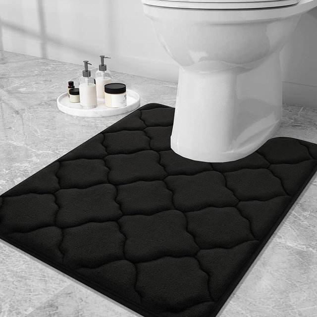 OLANLY Memory Foam Toilet Rugs U-Shaped 24x20, Ultra Soft and Absorbent Bathroom Rugs, Non-Slip Thick Toilet Bath Mat, Machine Wash Dry, Contour Bath Rugs for Toilet Base, Black