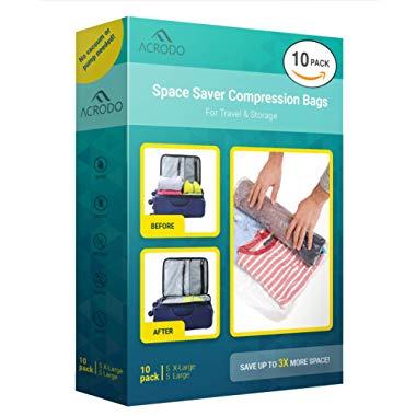 Acrodo Space Saver Travel Bags for Clothes - 10-pack for Compression Packing Organizer & Storage - No Vacuum Rolling Bag for Clothing