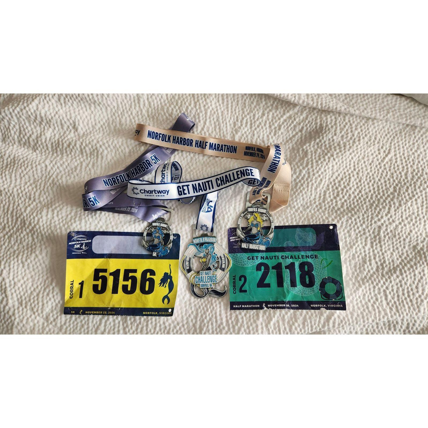 Richard's LAST 5k (yellow) ha. Teri did the 5k and half marathon (green)
